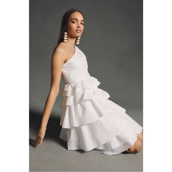 NEW By Anthropologie White One-Shoulder Tiered Ruffle Bridal Midi Dress Size 2 - Picture 1 of 5